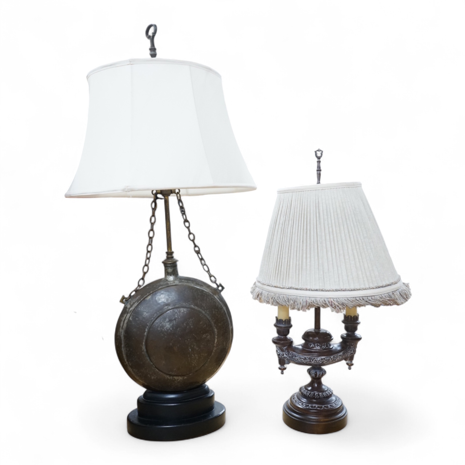 A Frederick Cooper Bouillotte lamp, together with a hammered metal table lamp, formed from a water flask (2)